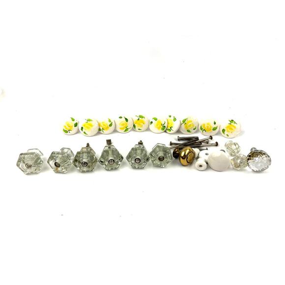 Vintage Lot of 20 Ceramic Glass Cabinet Pull Knobs Yellow Floral Clear Faceted - Picture 1 of 16